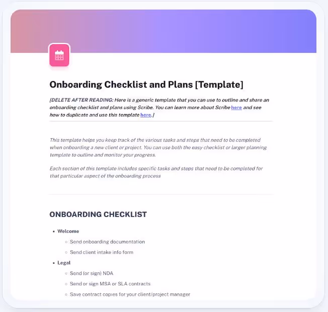 An Onboarding Checklist template that organizes onboarding tasks into a concise outline.