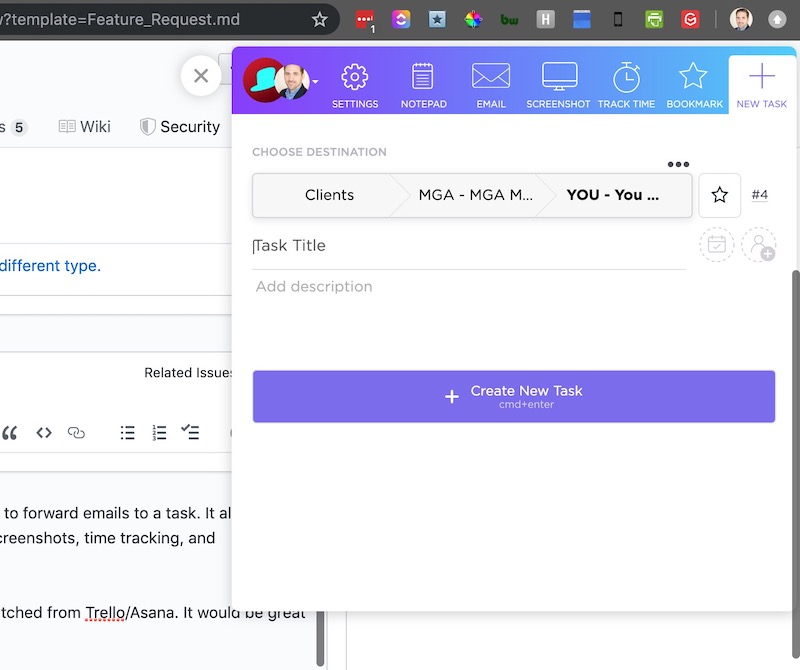 Screen capture chrome extension for creating tasks with clickup