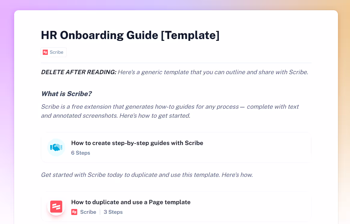 A screenshot of Scribe’s HR Onboarding Guide template.