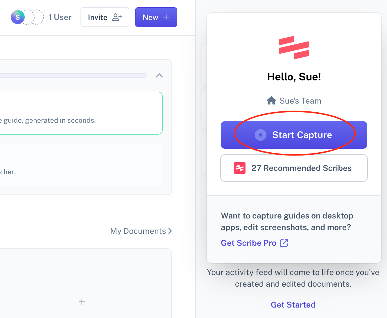 A screenshot of the Scribe browser extension window. The top of the page says, “Hello, Sue!” and the Start Capture button is circled.