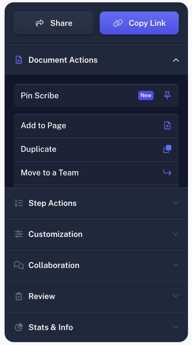 An image of the sidebar that appears after generating a Scribe, which includes options like “Add to Page” and “Duplicate.”