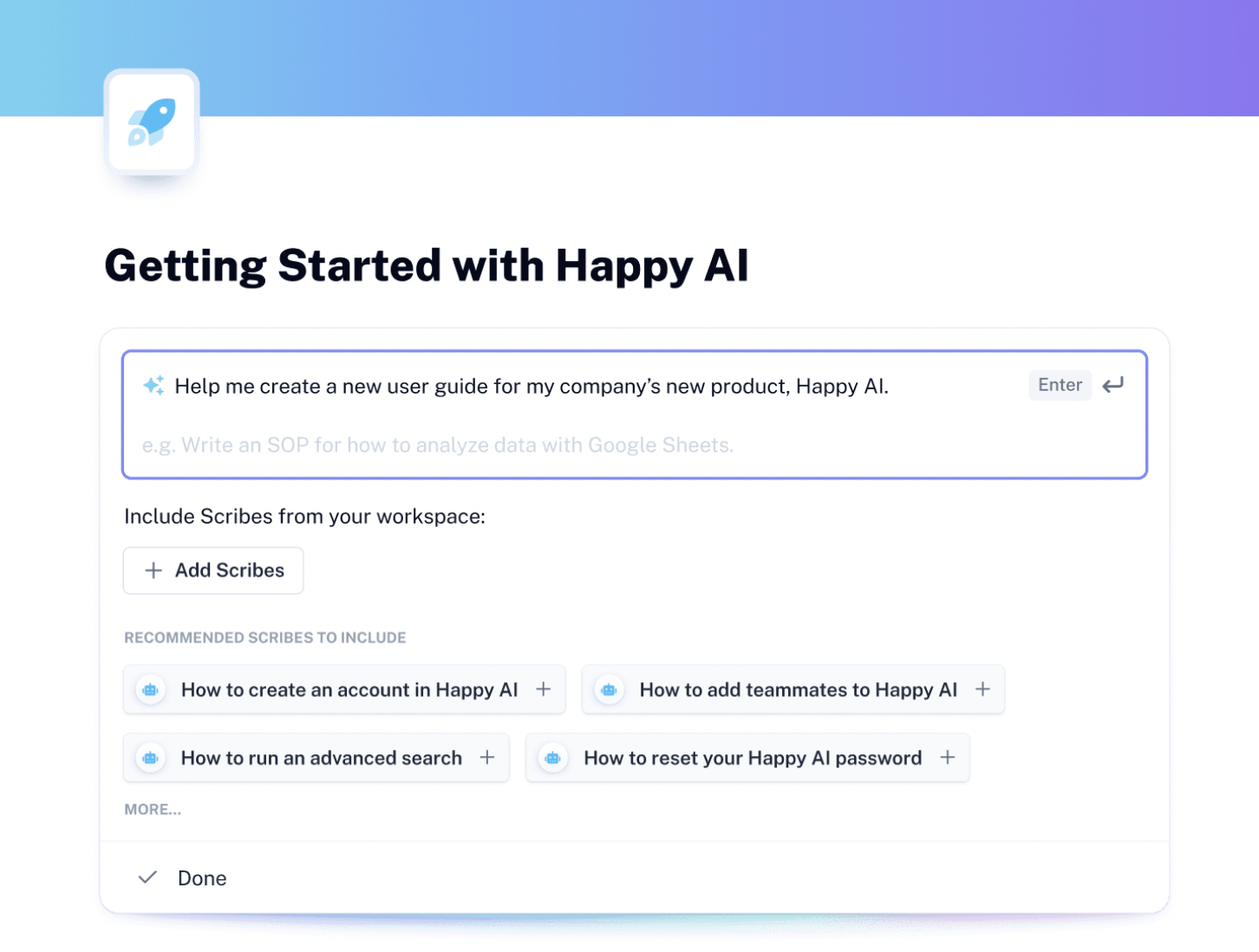 A screenshot of a Scribe called “Getting Started with Happy AI.” It shows a prompt reading, “Help me create a new user guide for my company’s new product, Happy AI.”