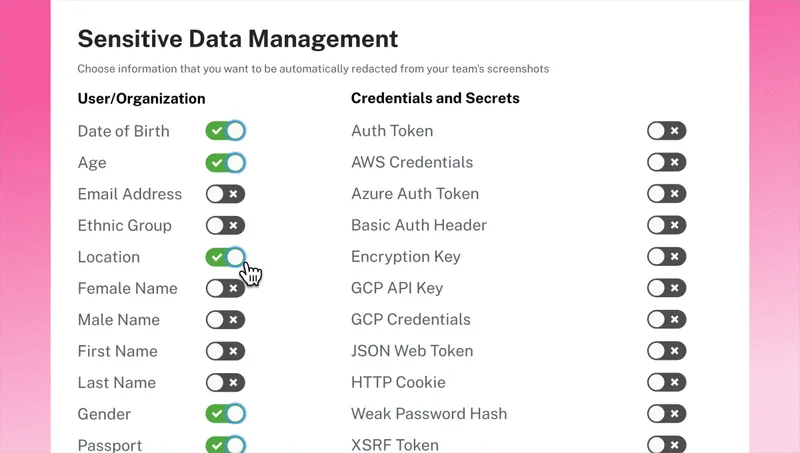 A screenshot of Scribe’s Sensitive Data Management feature, showing different categories with checkboxes. A few boxes are checked, including date of birth, age, location, gender and passport.