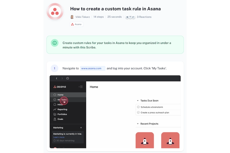 Scribe step-by-step guide showing how to create a custom task rule in Asana