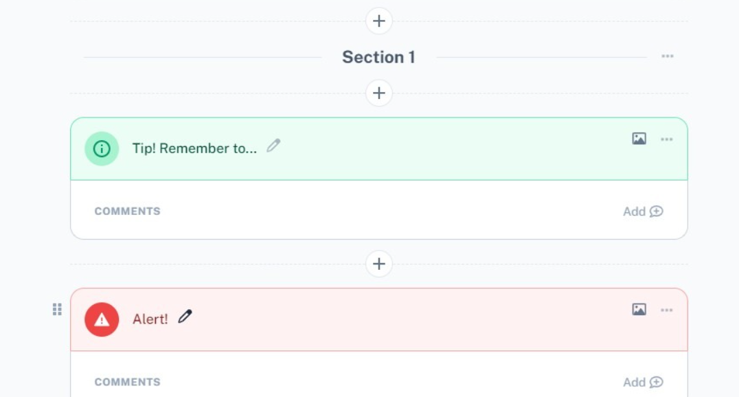 A screenshot of Scribe’s  ai document generator tips and alerts, which are small text boxes highlighted in green and red to draw attention to essential information.