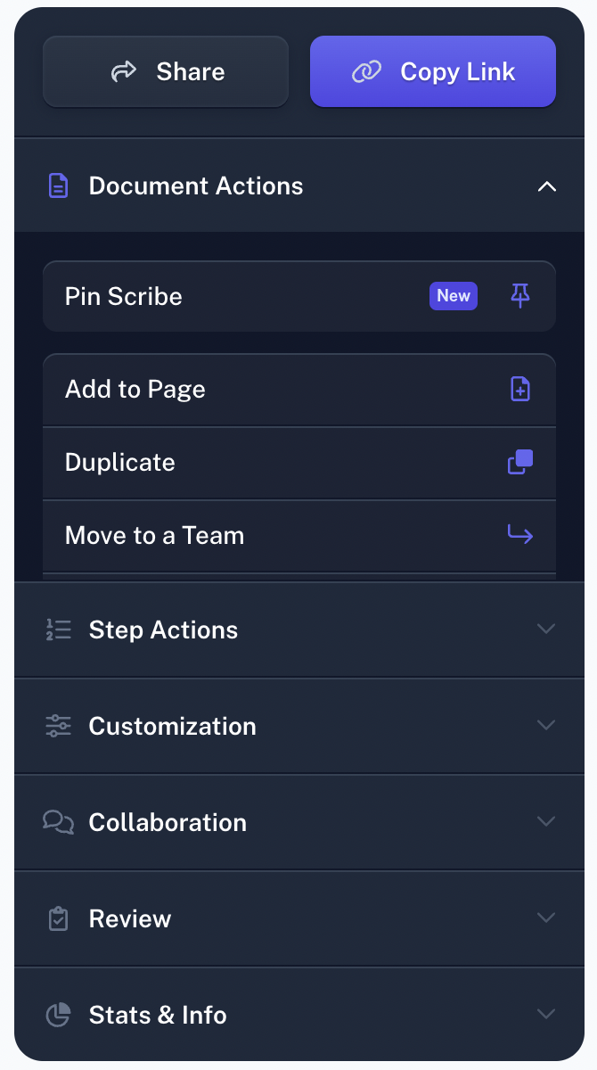 A screenshot of the sidebar that appears after generating a Scribe. It includes options like “Add to Page” and “Duplicate.”