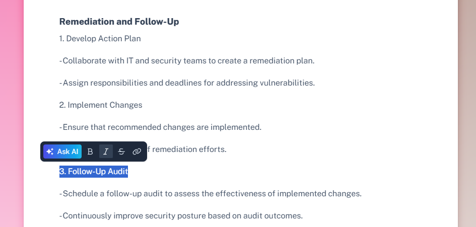 A screenshot of an open Scribe document. The editing tool is open, and the words “Follow-Up Audit” are highlighted.