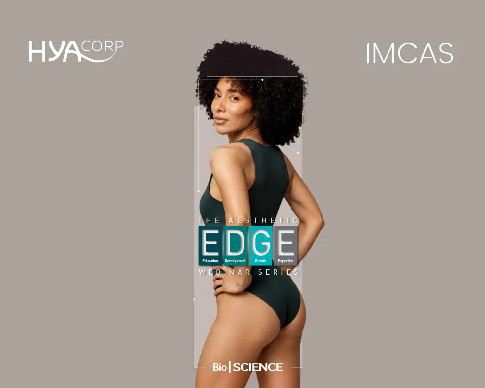 Imagen promocional de la «Serie de seminarios web The Aesthetic EDGE», presentada por HYAcorp, IMCAS y BioScience, en la que aparece una mujer con el pelo oscuro y rizado posando con la mirada dirigida hacia atrás, vestida con un bañador verde oscuro sobre un fondo beige neutro.