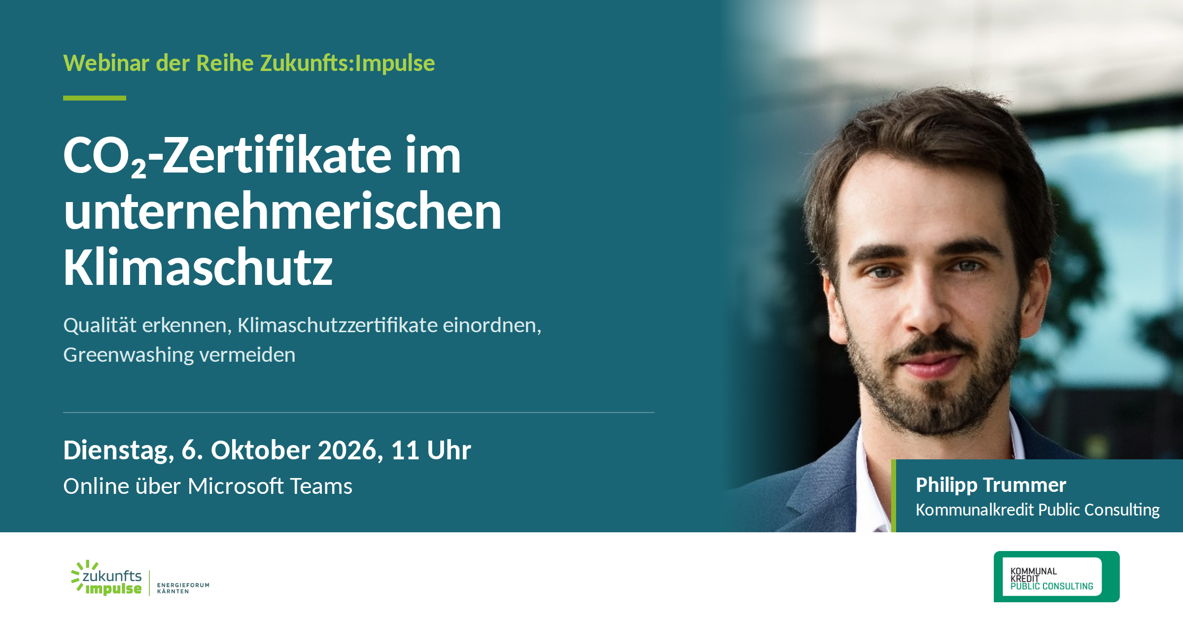 Webinar CO₂-Zertifikate im unternehmerischen Klimaschutz mit Philipp Trummer, Kommunalkredit Public Consulting, am 6. Oktober 2026