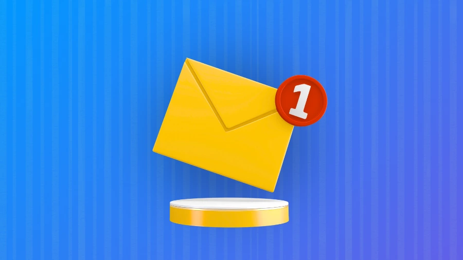 A yellow envelope with a red notification badge showing the number 1 hovers above a white circular platform, set against a blue background with vertical stripes.