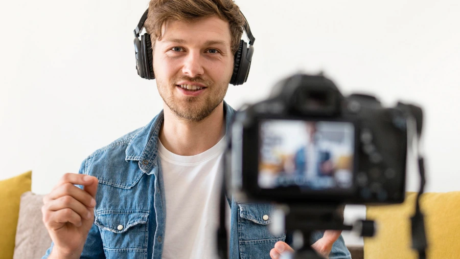 A young man wearing headphones and a denim shirt speaks to a camera while sitting on a couch, recording a video or livestream in a bright room.
