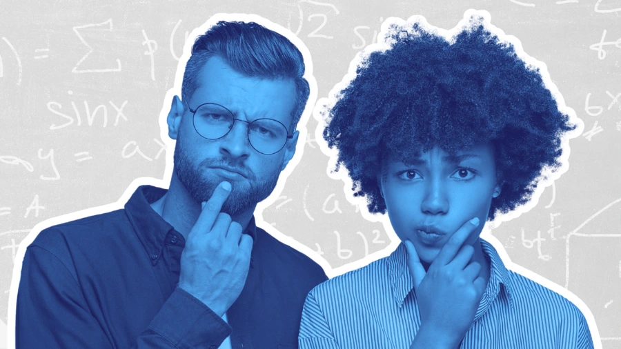 Two people thinking with puzzled expressions in front of math equations, symbolizing problem-solving and decision-making.
