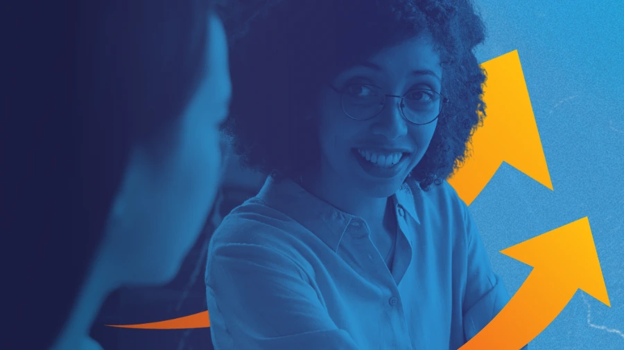 Smiling professional in conversation with upward arrows, representing growth and building a waitlist of ideal clients