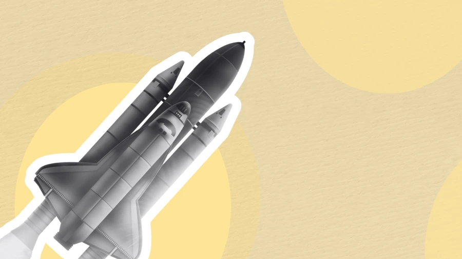 Stylized monochrome space shuttle illustration with a bold white border, set against a vibrant yellow background with soft geometric circles, representing business growth and revenue scaling.
