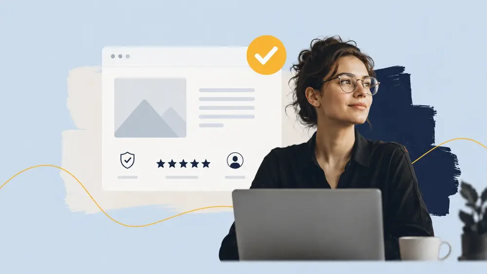 Minimal digital-art style thumbnail featuring a confident professional beside clean trust icons and a modern website interface, using soft blue and neutral tones to convey online credibility.