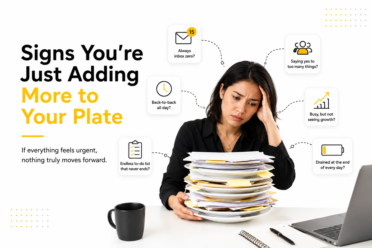 ALT TAG: Minimalist white-background illustration showing an overwhelmed business owner sitting at a desk with a large stack of papers balanced on plates.