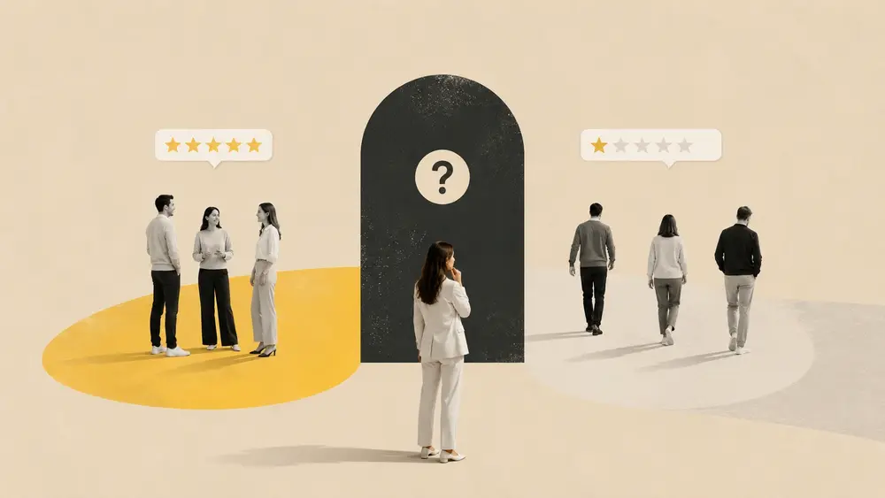 Minimal conceptual thumbnail showing a woman between satisfied clients and disengaged customers, illustrating how client experience affects repeat business and retention.
