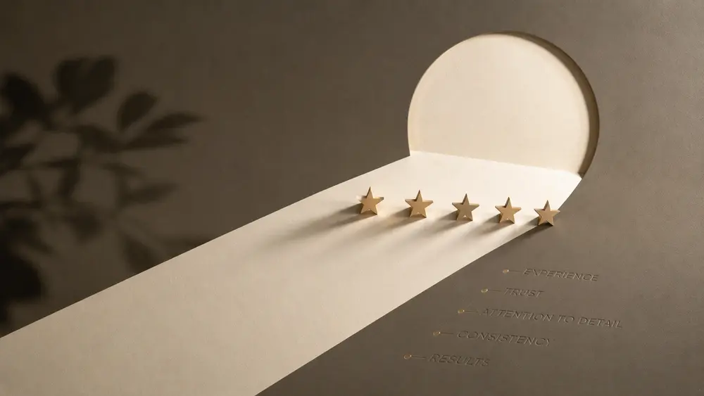Minimal luxury-inspired graphic art featuring a spotlight path and five stars symbolizing trust, quality, and premium service.