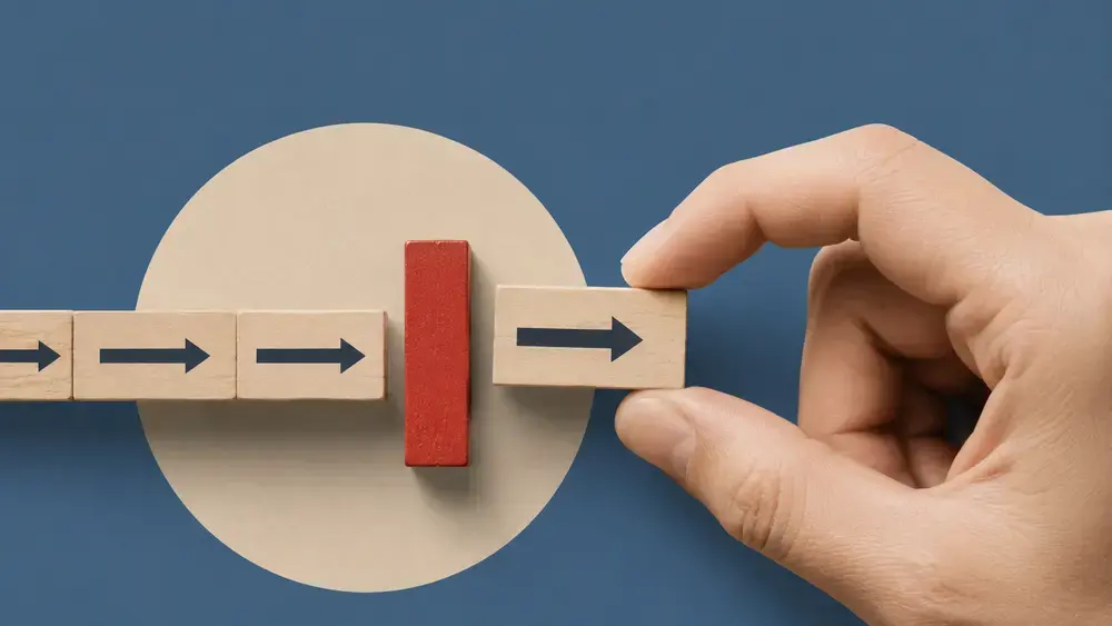 Close-up conceptual thumbnail showing directional wooden blocks interrupted by a red barrier, symbolizing obstacles preventing website visitors from converting into leads.