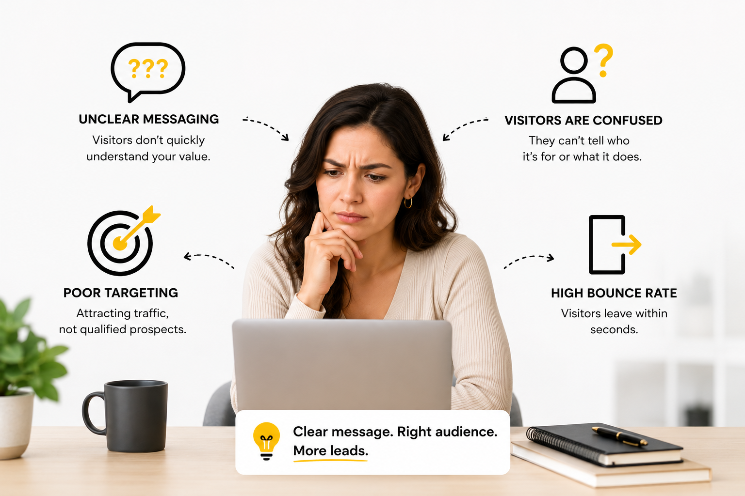 ALT TAG: Minimalist infographic on a white background showing a frustrated businesswoman looking at a laptop while surrounded by black-and-yellow icons and short captions.
