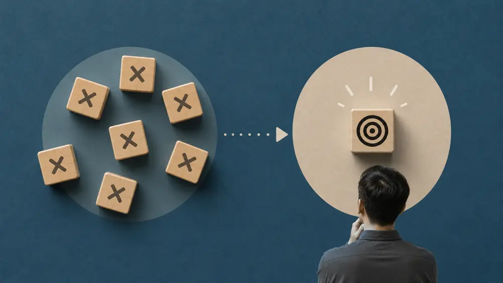 Minimal conceptual thumbnail showing scattered marked blocks transitioning toward a highlighted target block beside a thoughtful person, symbolizing brand memorability and focus.