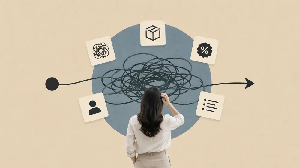 Minimal digital-art style thumbnail showing a woman facing a tangled mix of service icons and information, symbolizing unclear business messaging and customer confusion.