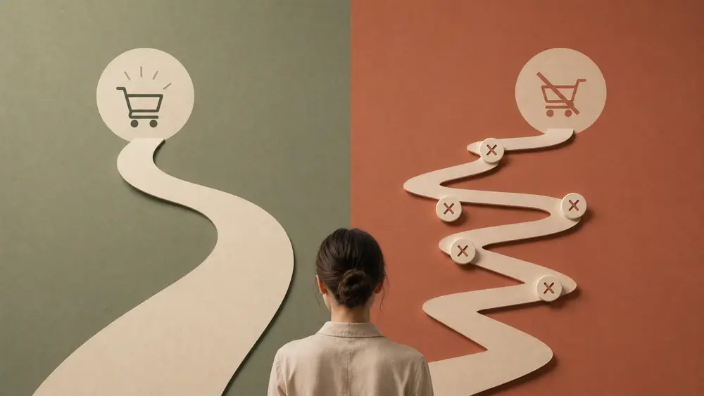 Minimal digital-art style thumbnail showing a person choosing between a smooth buying journey and a complicated path filled with obstacles, symbolizing friction in the customer experience. 