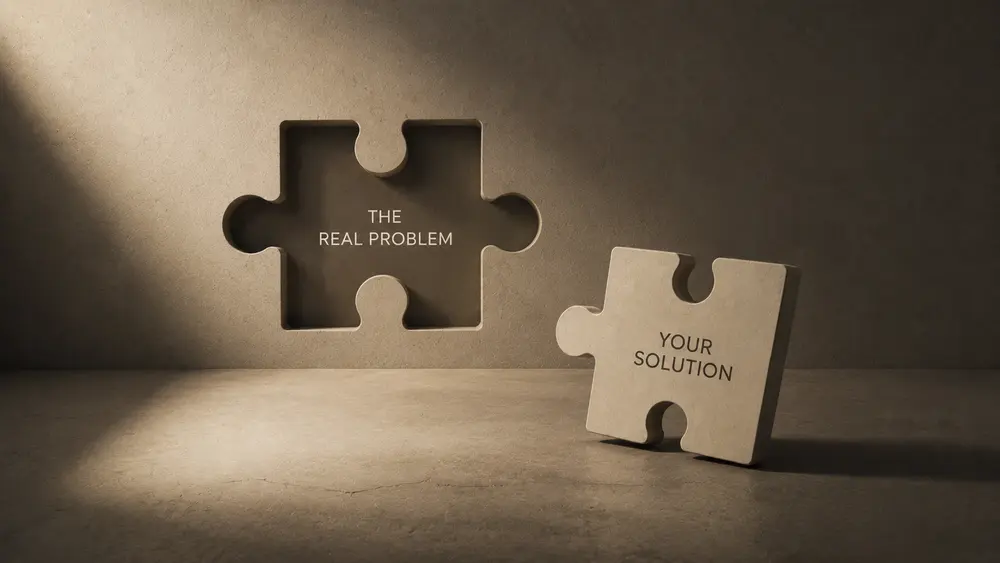Minimal cinematic thumbnail showing a puzzle piece that does not fit a wall opening, symbolizing businesses promoting solutions that do not match the real customer problem.
