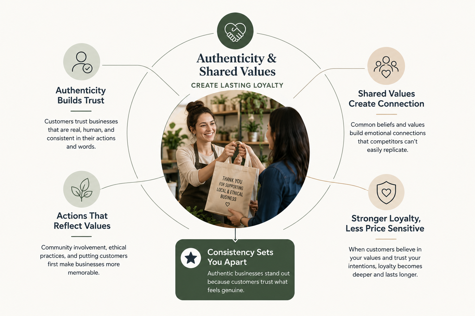 Concept-map style infographic illustrating how authenticity and shared values create lasting customer loyalty. At the center, a small business owner warmly hands a shopping bag to a customer, symbolizing genuine customer relationships.