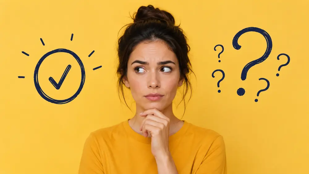 Thoughtful woman on a yellow background looking between a check mark and question marks, symbolizing the difference between building customer confidence and creating uncertainty.
