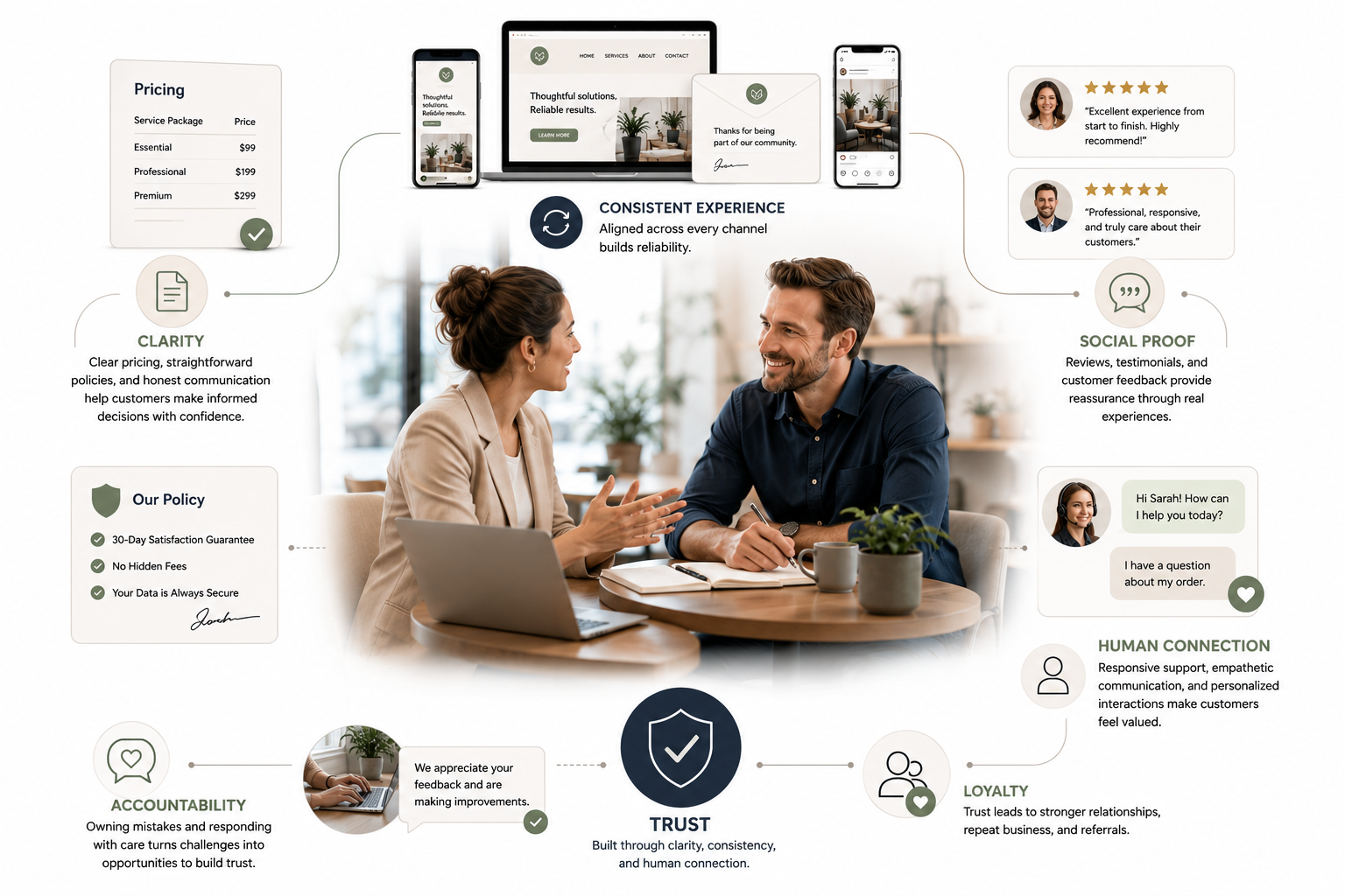 Editorial-style business illustration showing how clarity, consistency, and human connection build customer trust. At the center, two professionals engage in a friendly conversation at a café-style table, representing personalized customer relationships.