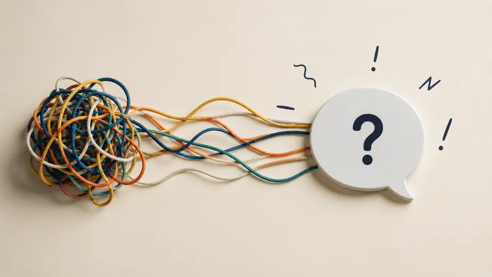 Tangled colorful cords connected to a speech bubble with a question mark on a neutral background, symbolizing mixed business messaging, unclear communication, and customer confusion.