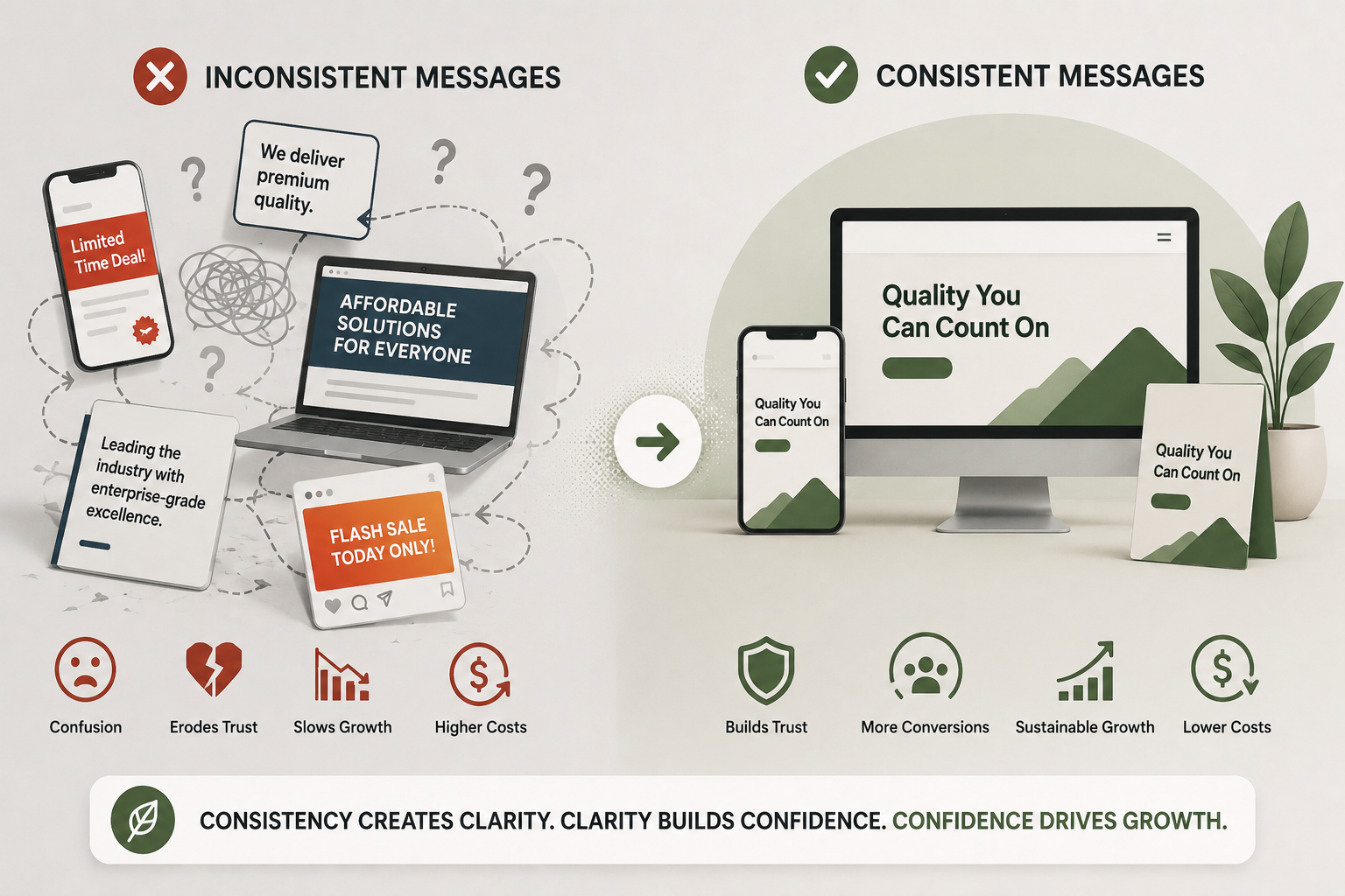 Infographic comparing inconsistent and consistent business messaging. The left side shows conflicting promotions, marketing messages, and branding creating confusion, eroding trust, slowing growth, and increasing costs.