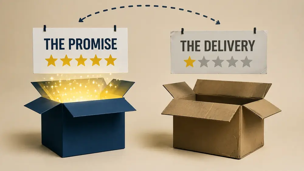 Glowing gift box with five-star expectations beside a plain box with a lower rating, symbolizing the gap between marketing promises and actual client experience.