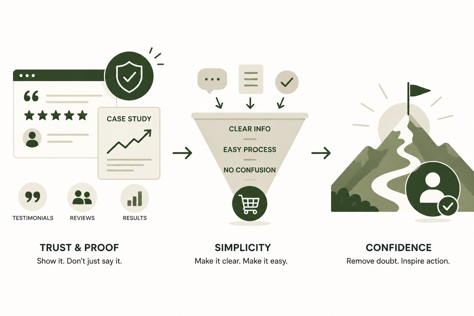 Minimalist infographic illustrating how trust, proof, and simplicity build customer confidence. The visual flows from customer reviews, testimonials, and case studies to a simplified buying process, ending with a confident customer reaching a successful outcome, emphasizing that clear communication and evidence reduce doubt.