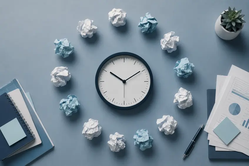 Top-down view of a clock surrounded by crumpled paper, notebooks, and work documents on a blue workspace, symbolizing the hidden cost of juggling too many responsibilities in business.