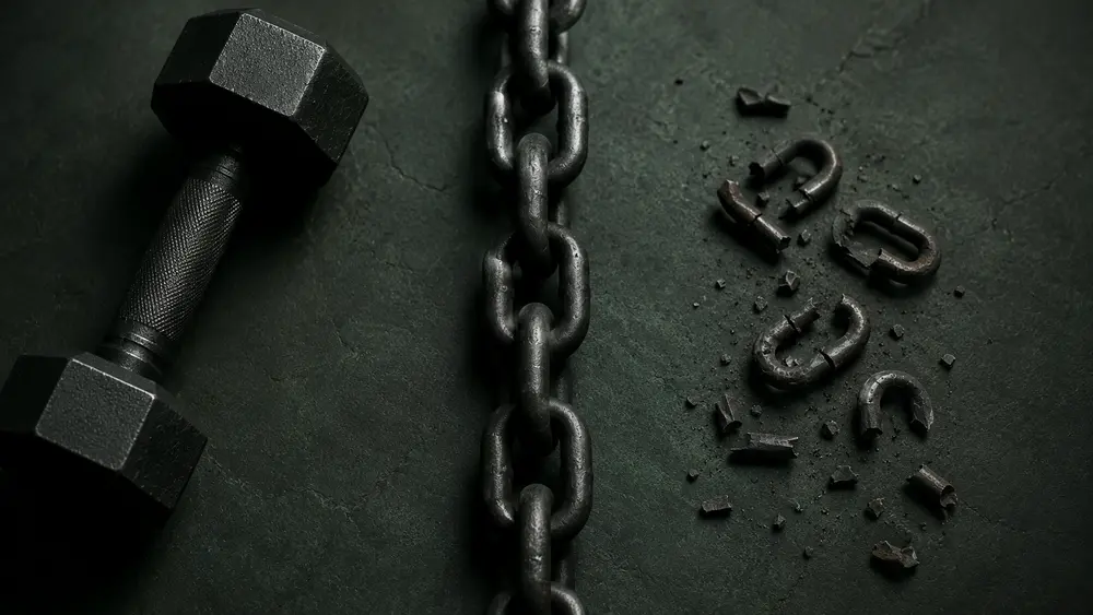 Dumbbell beside an unbroken chain and broken chain links on a dark green surface, symbolizing business strength, resilience, and a competitive advantage that is difficult to break.
