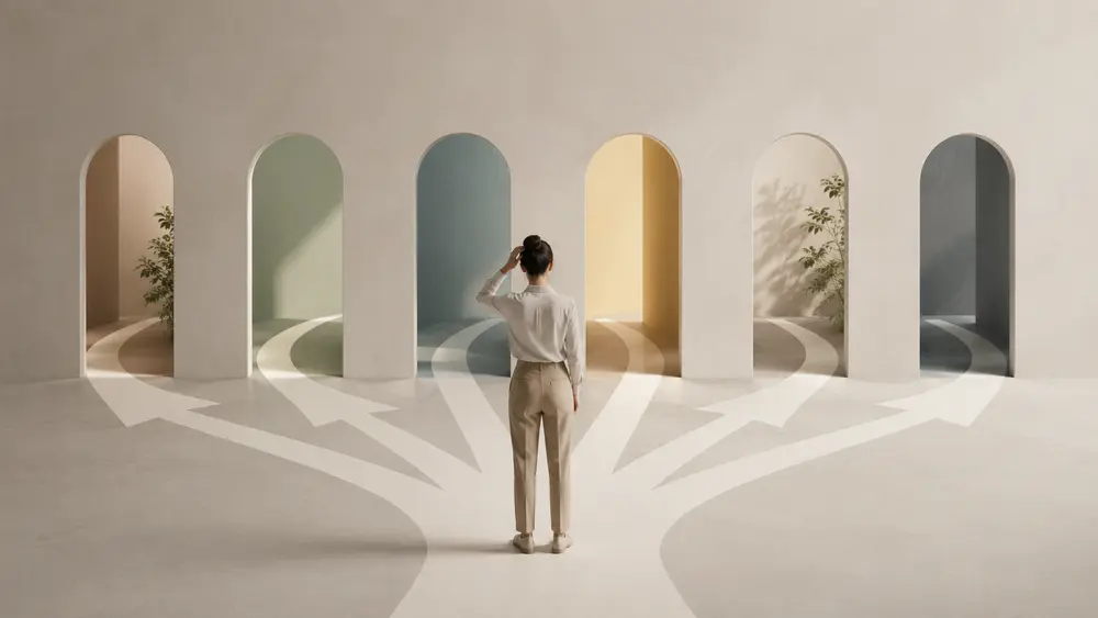 Person standing before multiple pathways leading to different doorways, symbolizing how too many choices and opportunities can slow business growth and decision-making.