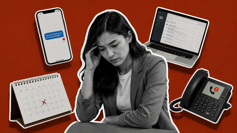 Stressed woman surrounded by a phone, laptop, calendar, and desk phone, symbolizing communication overload, unanswered messages, and business pressure.