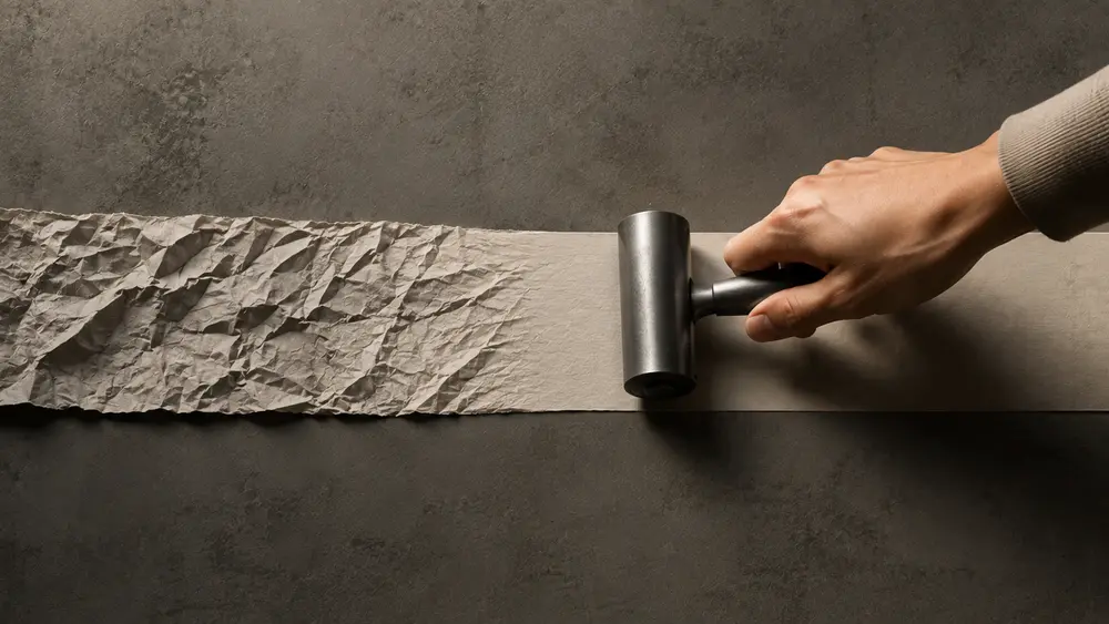 Hand smoothing a crumpled strip of paper with a roller, symbolizing the removal of friction from the client journey.