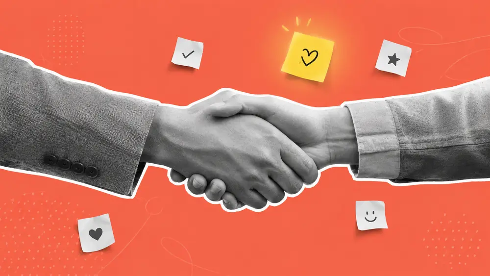 Grayscale handshake with floating notes and a highlighted yellow heart on a coral background, symbolizing the small moments that build client trust.