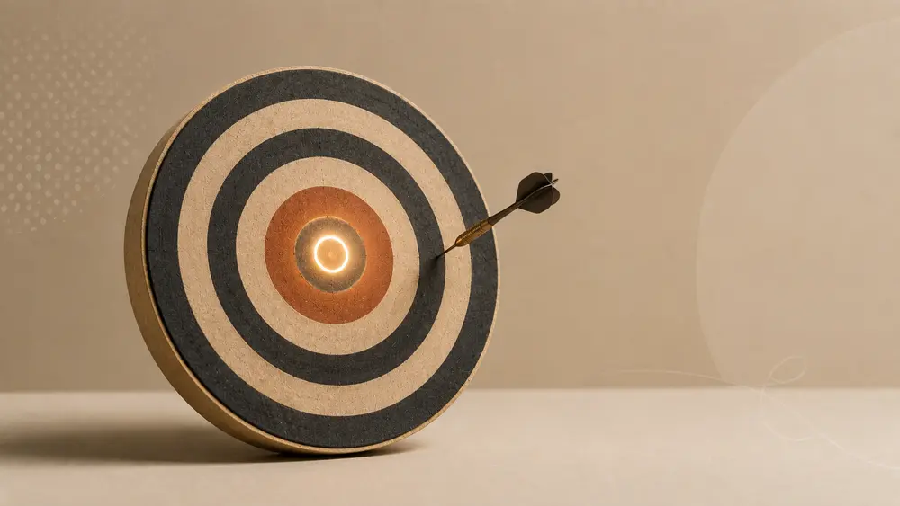 Dartboard with a dart landing outside the glowing bullseye, symbolizing the gap between client expectations and satisfaction.