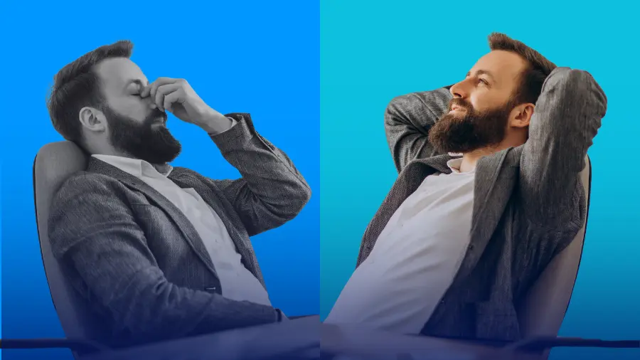 Two businesspeople relaxing in chairs, contrasting stress and ease against blue backgrounds.