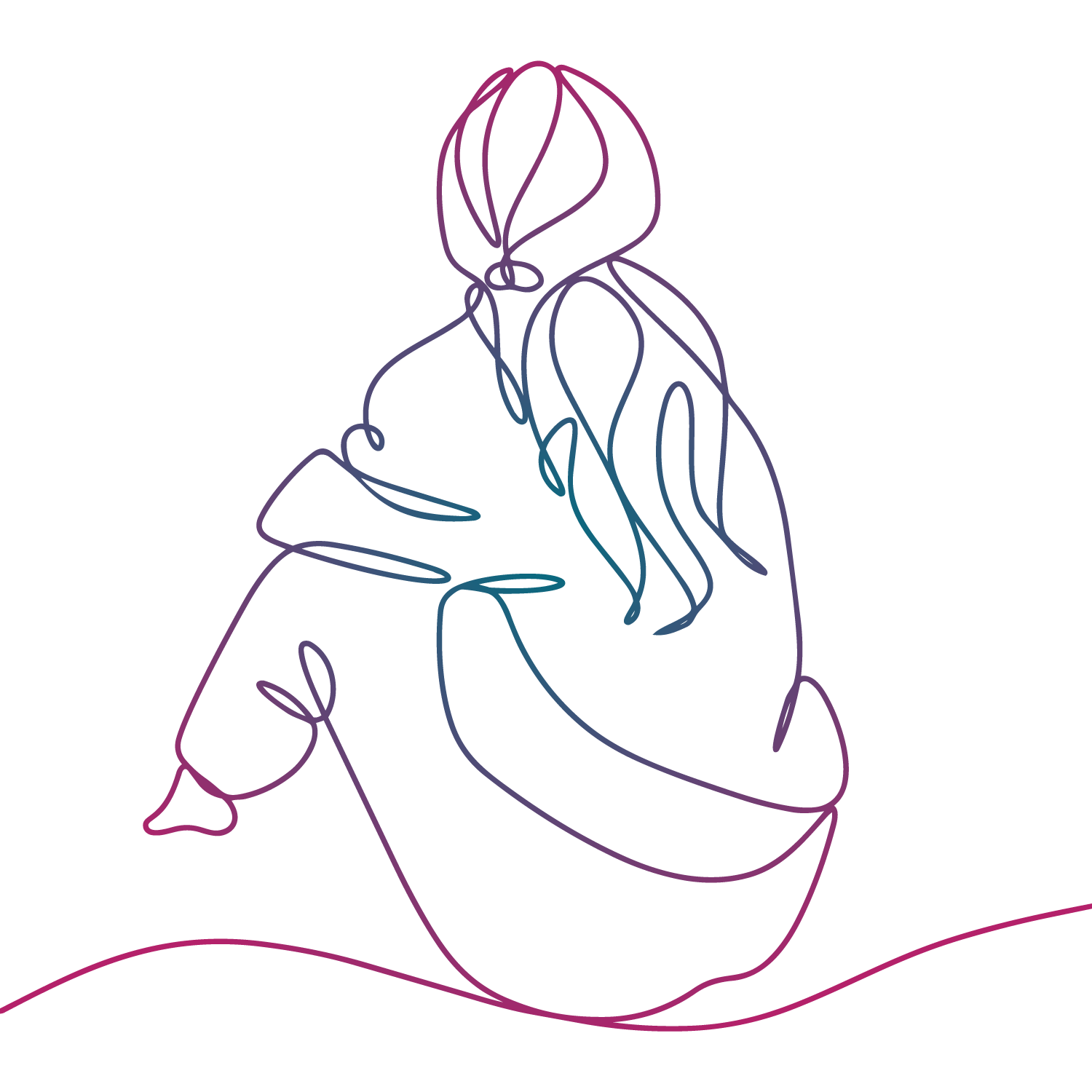 Abstraktná čiarová ilustrácia ženy sediacej s ohnutými kolenami a dlhou vlasmi.