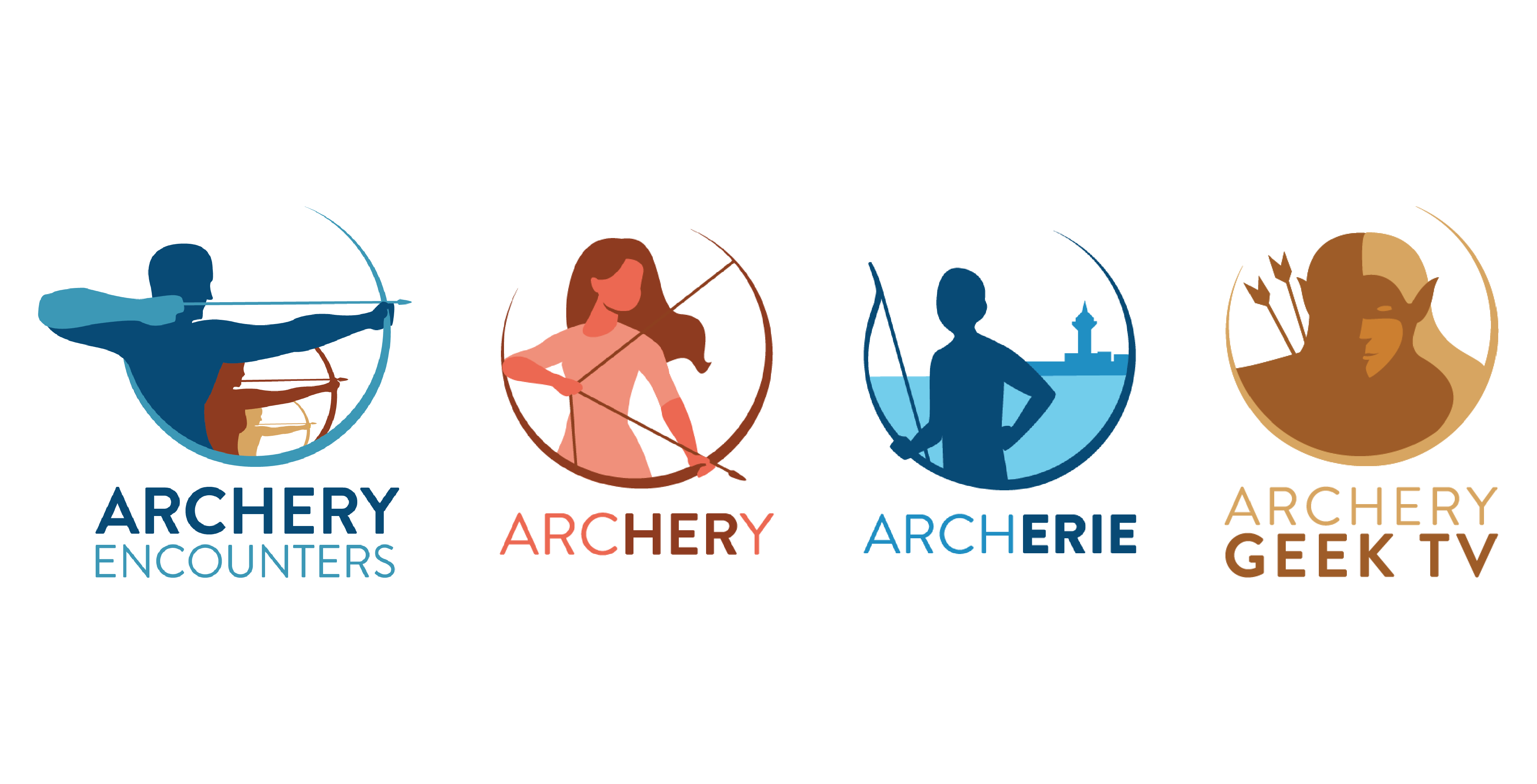 Four logos in a row: Archery Encounters, ArcHERy, ArchERIE, Archery Geek TV.