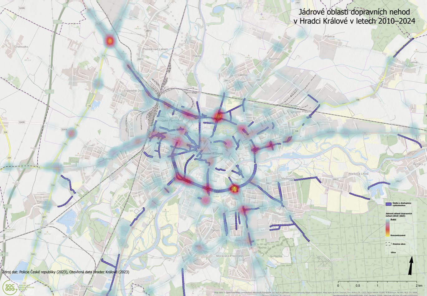 Mapa města s barevnou heatmapou zobrazující nejčastější místa dopravních nehod v období 2010–2024, se silnějšími koncentracemi v centru.