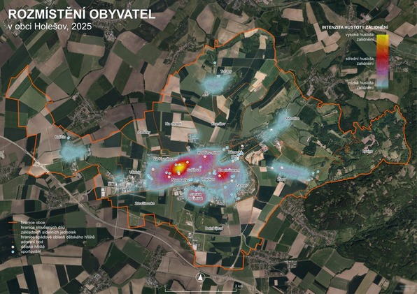 Heatmapa rozmístění obyvatel v obci Holešov v roce 2025, zobrazující hustotu zalidnění v jednotlivých částech území na podkladě leteckého snímku.