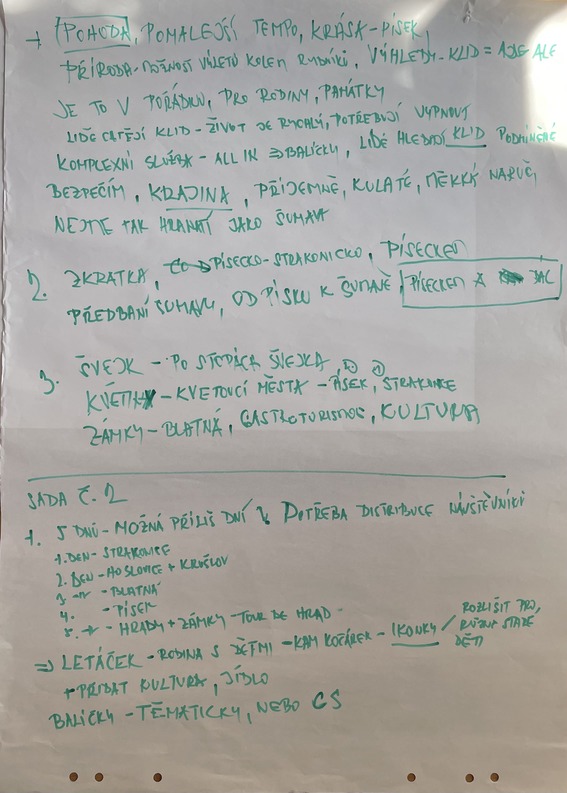 Zápis z workshopu strategického plánování cestovního ruchu s návrhy témat, itineráře a charakteristik turistické oblasti.