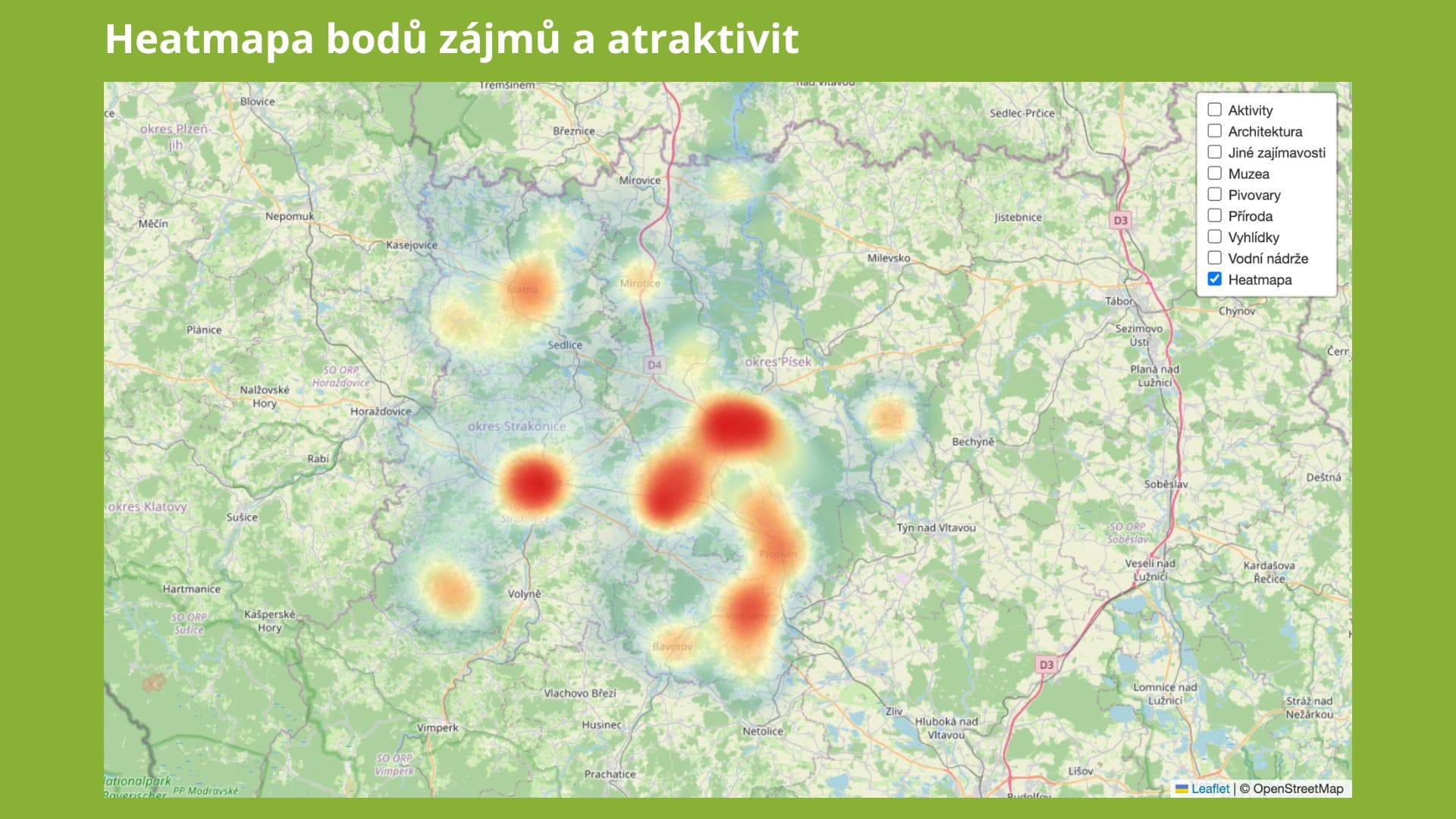 Heatmapa bodů zájmu a turistických atraktivit v oblasti Písecko, Strakonicko a okolí zobrazující koncentraci návštěvnosti.