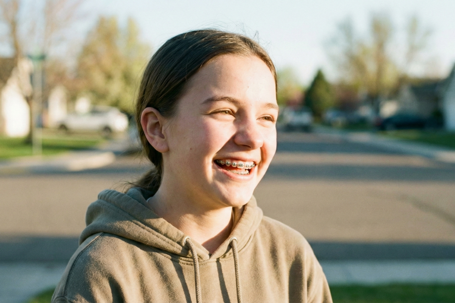 A candid outdoor portrait of a smiling teenage girl with metal braces, looking away from the camera in a suburban Chubbuck neighborhood setting.